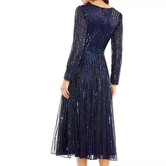 MAC DUGGAL 5528 LONG SLEEVE TEA LENGTH MIDNIGHT NAVY MIDI GOWN sz 22 - Picture 2 of 4